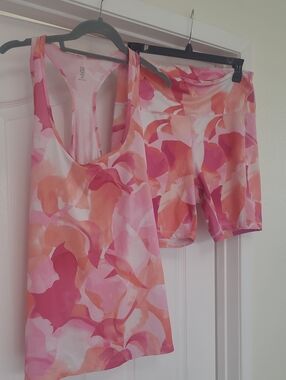 Ideology Pink & Coral Abstract Racerback Tank Top And Workout Shorts Set